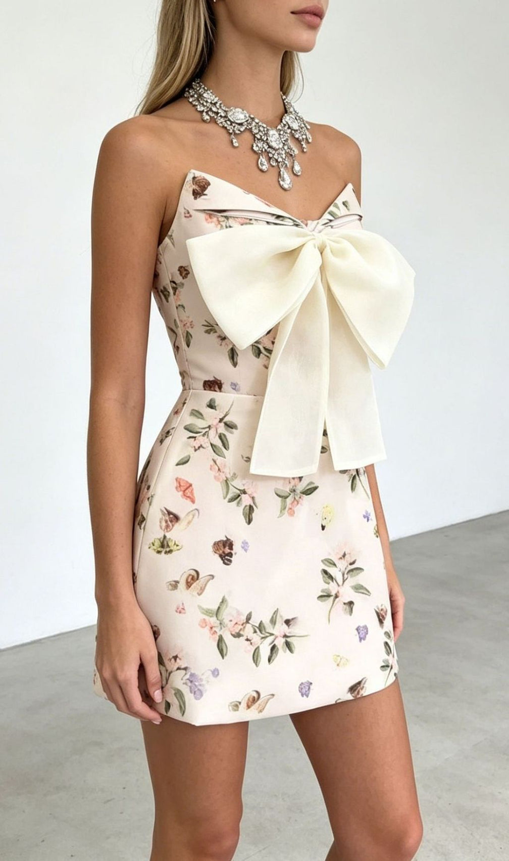 Krishna Strapless Bow Floral Mini Dress