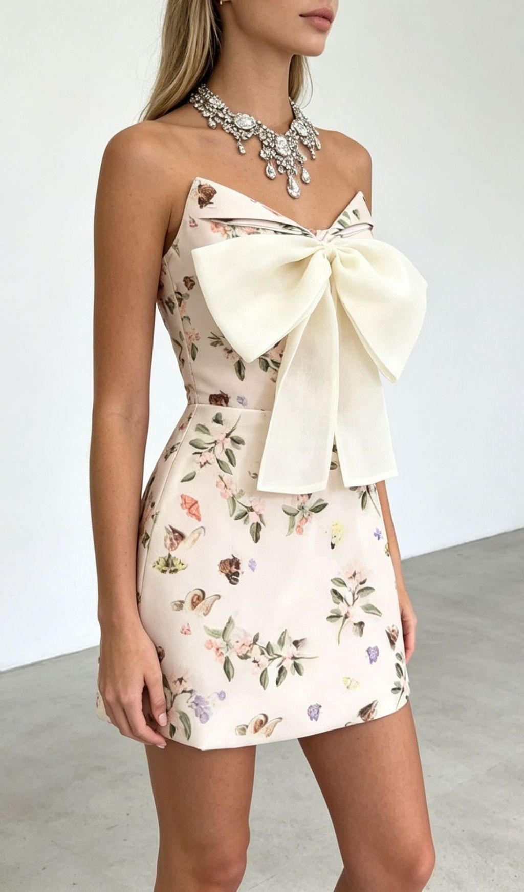 Krishna Strapless Bow Floral Mini Dress