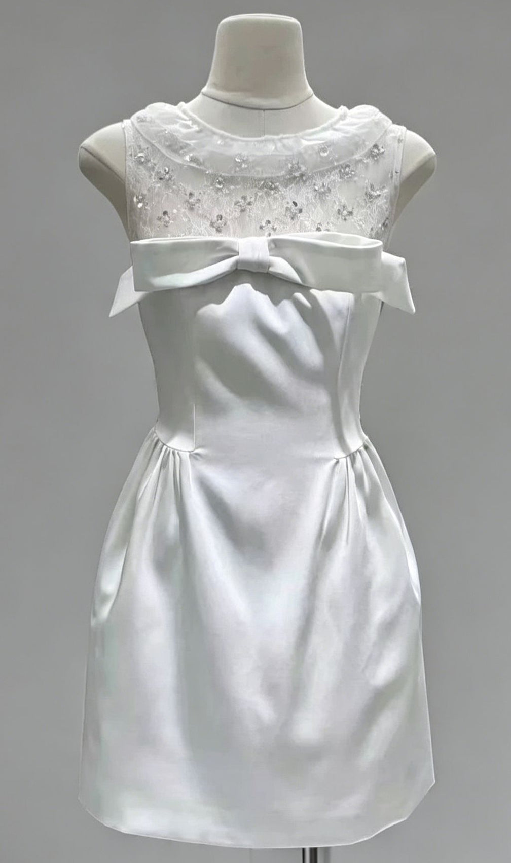 Kimiyo Sparkling White Lace & Sequin Bow Mini Dress - Elegant Cocktail & Party Attire