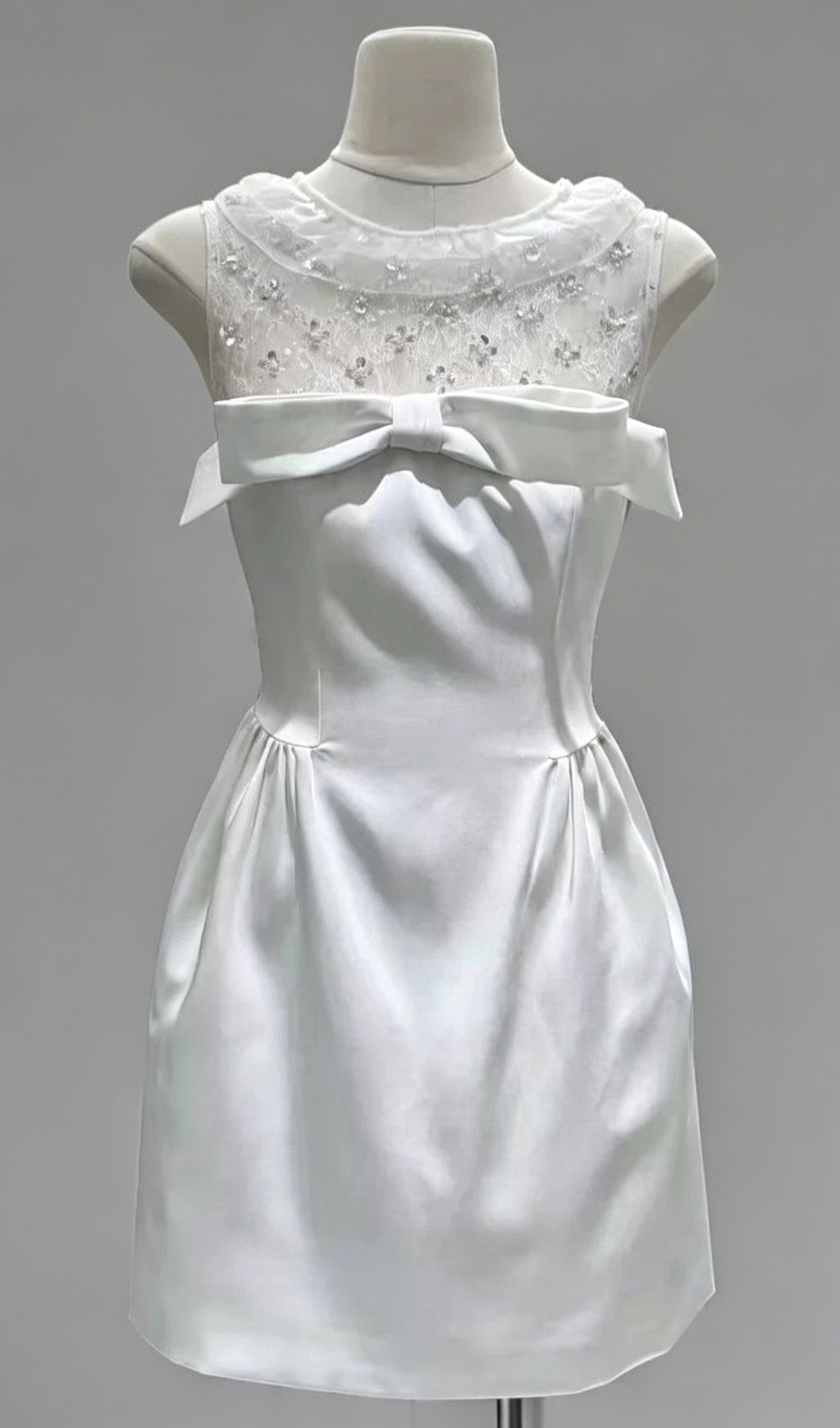 Kimiyo Sparkling White Lace & Sequin Bow Mini Dress - Elegant Cocktail & Party Attire