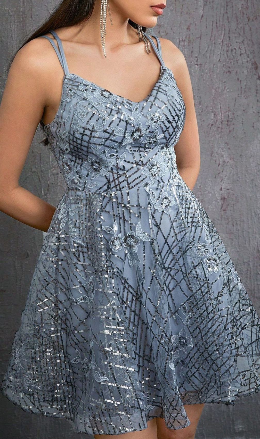 Harumi Grey Strappy Flower Embroidery Mini Dress