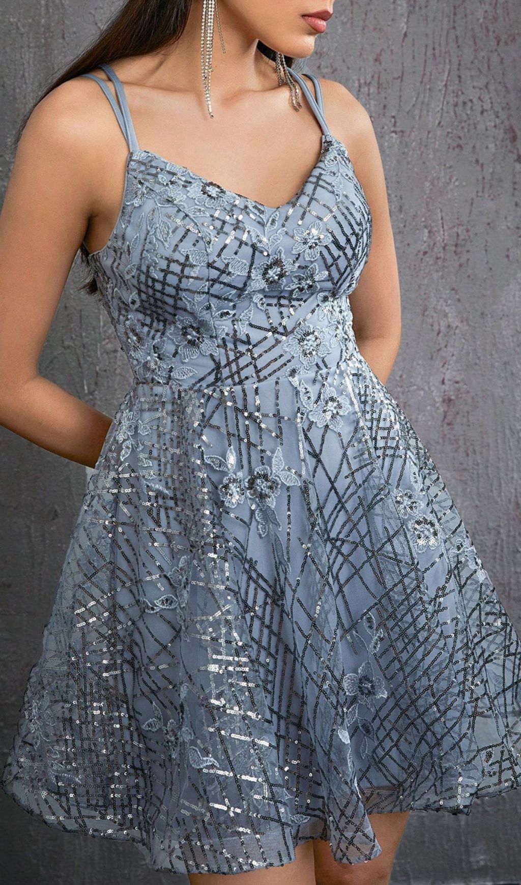 Harumi Grey Strappy Flower Embroidery Mini Dress