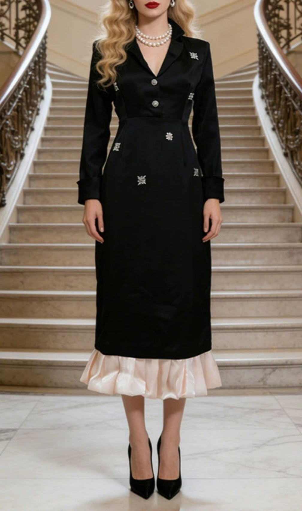 Jetta Black Sparkle & Ruffle Midi Dress - Elegant Long Sleeve Design