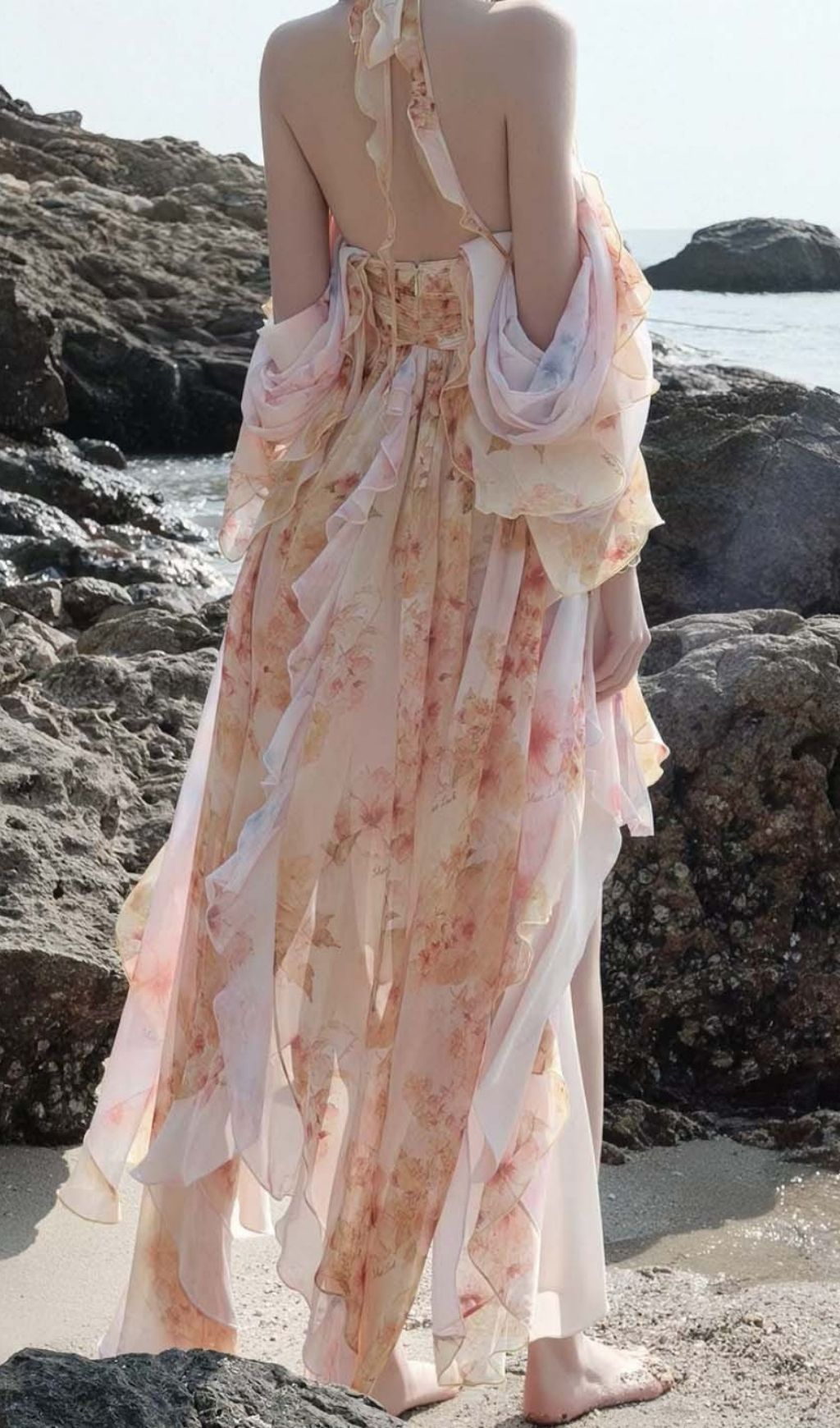 Komali Printed Butterfly Ruffle Maxi Dress