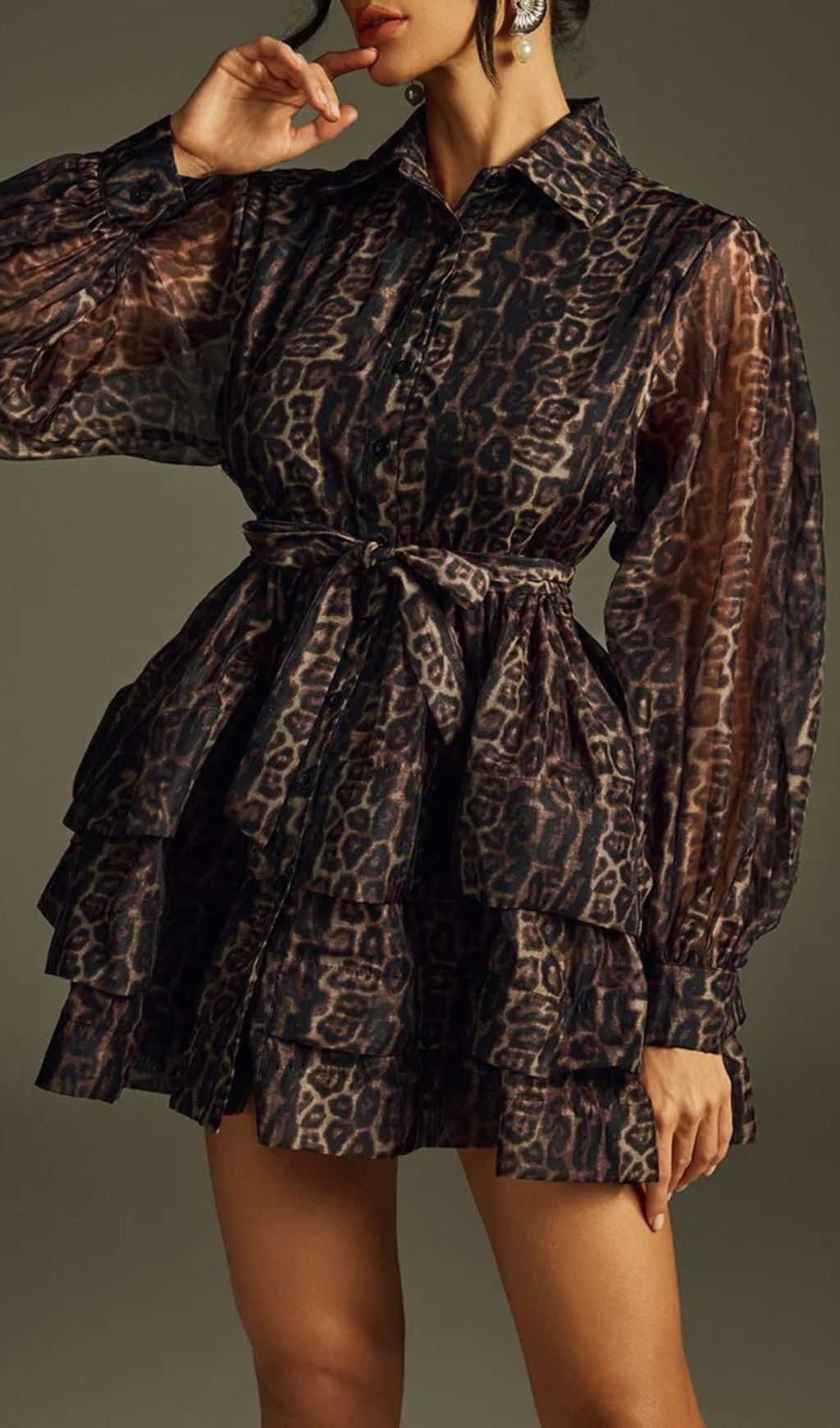 Hazra Fierce Leopard Print Tiered Mini Dress | Voluminous Sleeves & Tie Waist