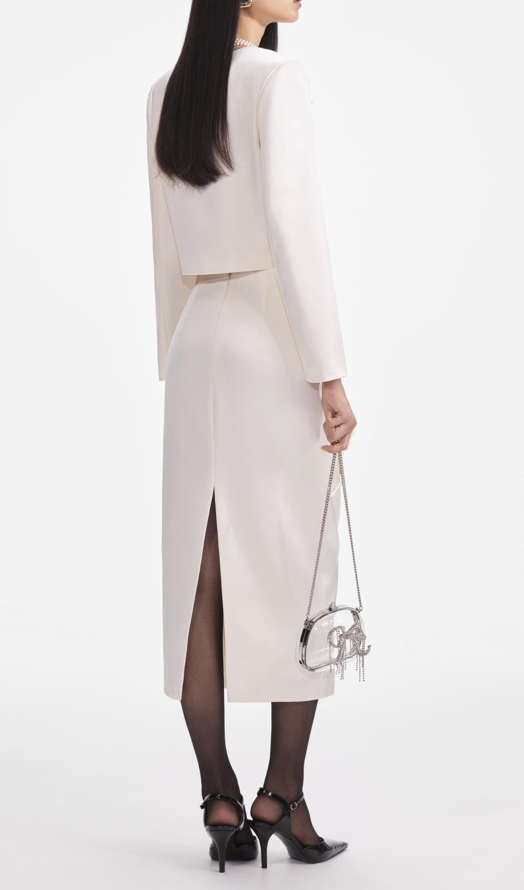 Cream 3D Flower Satin Midi Skirt