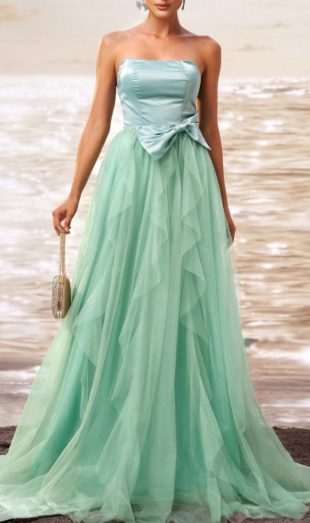 Dafna Mint Strapless Bow Mesh Maxi Dress