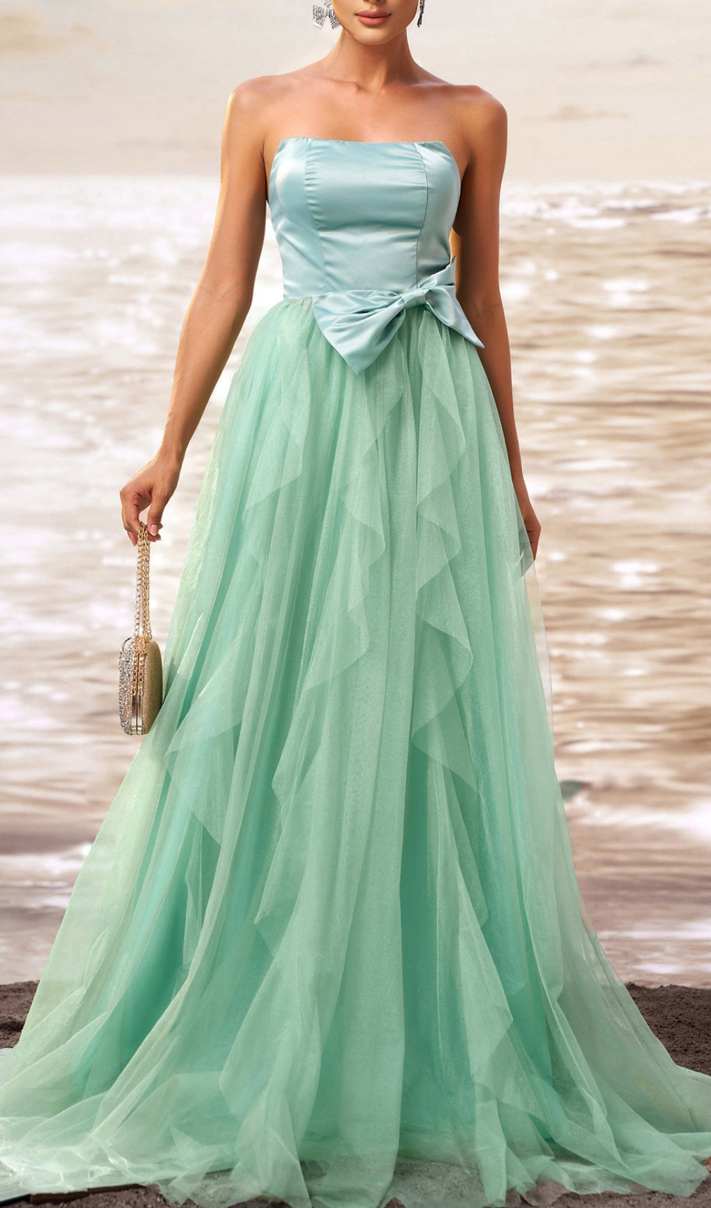 Dafna Mint Strapless Bow Mesh Maxi Dress
