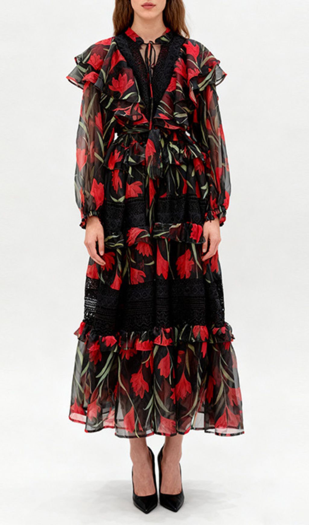 Imagine Romantic Red Floral Ruffle Long Sleeve Midi Dress