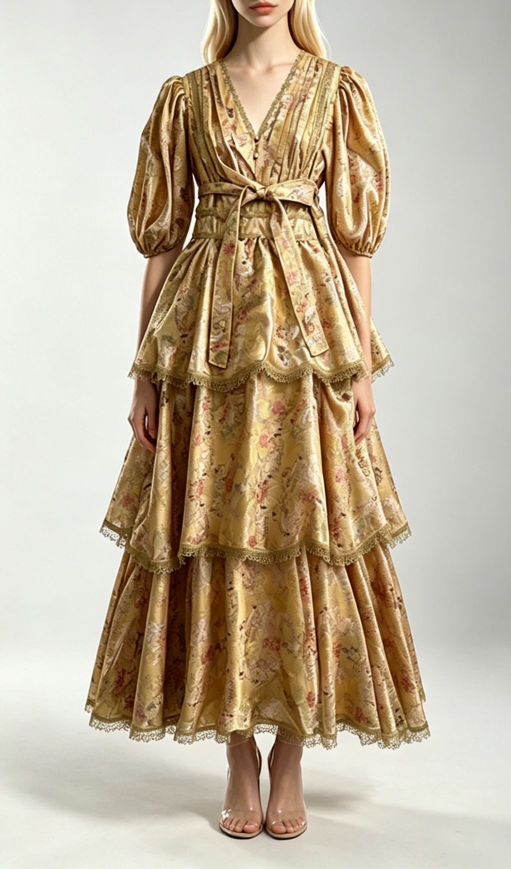 Kirsten Yellow Printed Puff Sleeve Midi Dress