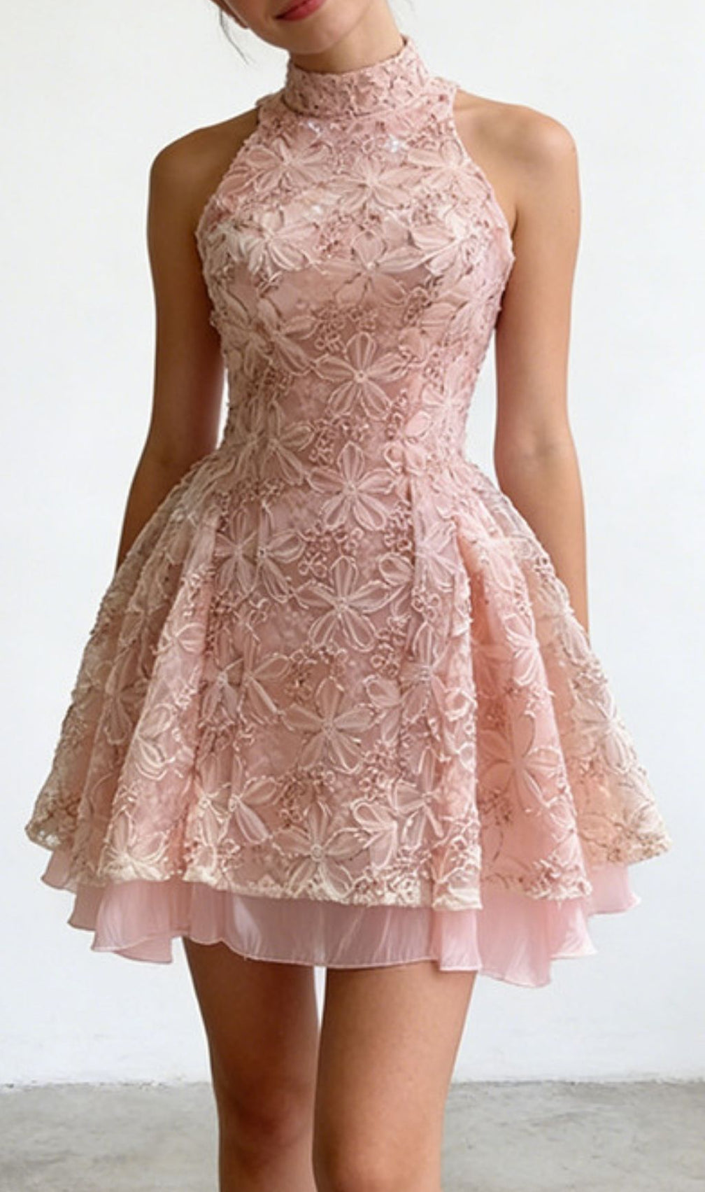 Katsumi Chic Floral Lace Halter Mini Dress - Romantic Party & Cocktail Dress