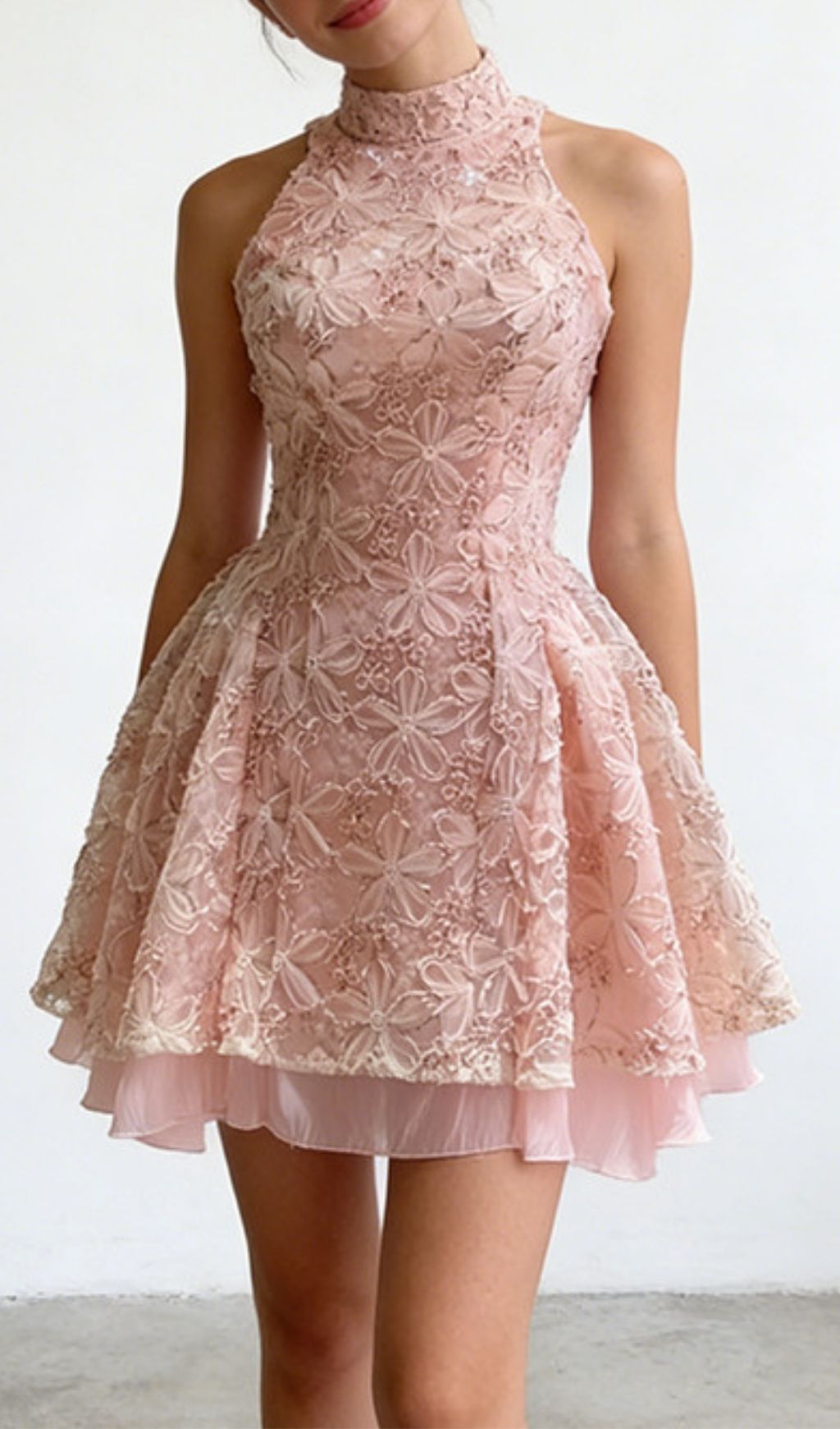 Katsumi Chic Floral Lace Halter Mini Dress - Romantic Party & Cocktail Dress