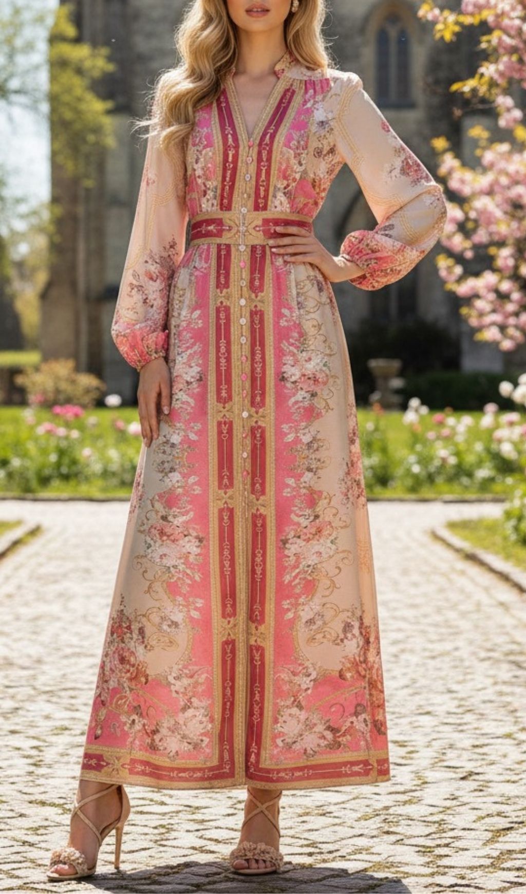 Kamillia Pink Floral Long Sleeve Maxi Dress - Elegant Garden Party Gown