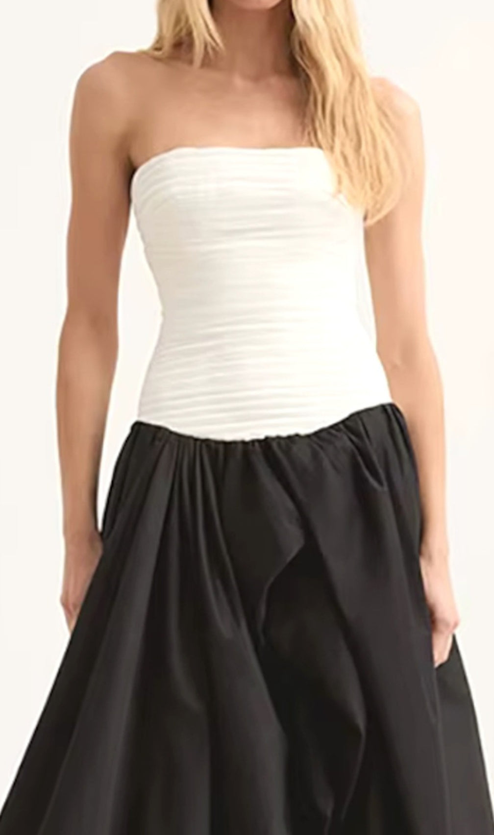 Strapless Ruched Puff Maxi Dress Black White