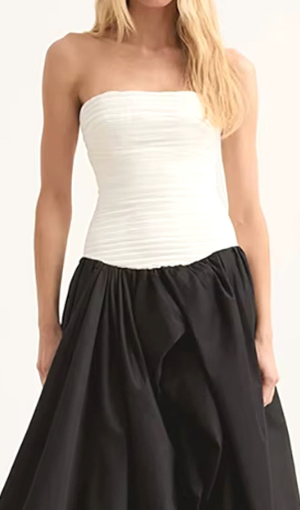 Strapless Ruched Puff Maxi Dress Black White