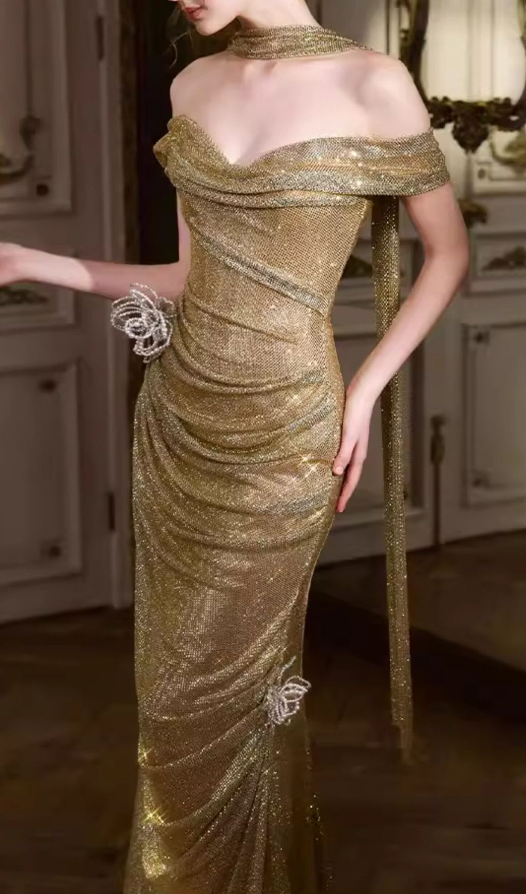 Krystina Gold Off-Shoulder Flower Maxi Dress