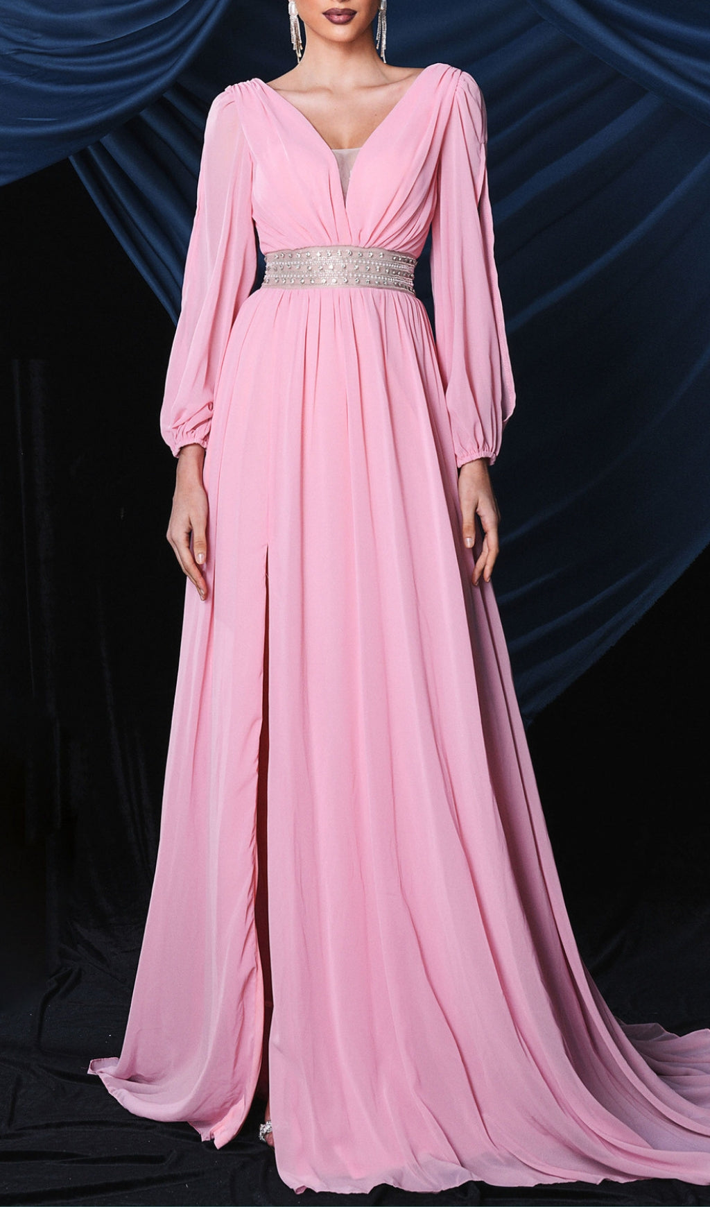 Boheme Pink Long Sleeve Pearl Maxi Dress
