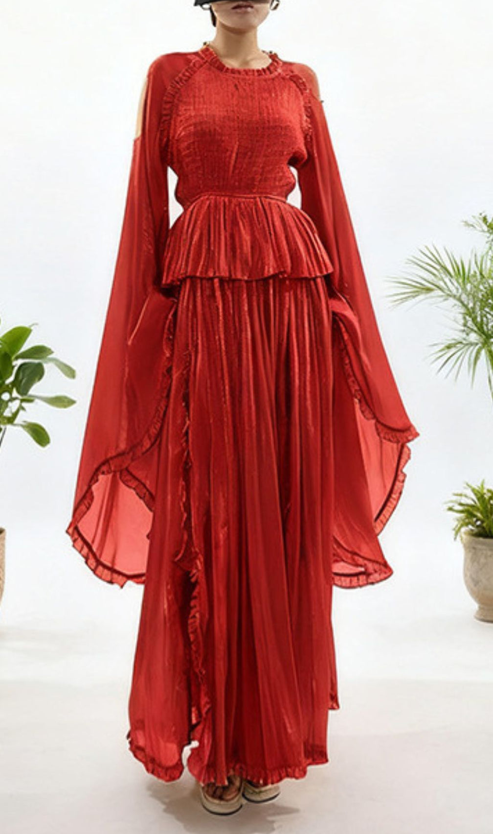 Holle Golden Pleated Maxi Dress for Women - Elegant Long Sleeve Occasion Gown