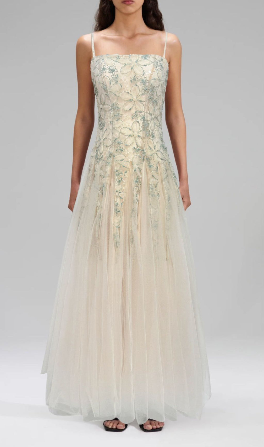 Gustave Strappy Flower Embroidery Mesh Maxi Dress