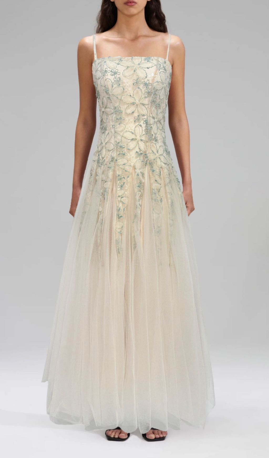 Gustave Strappy Flower Embroidery Mesh Maxi Dress