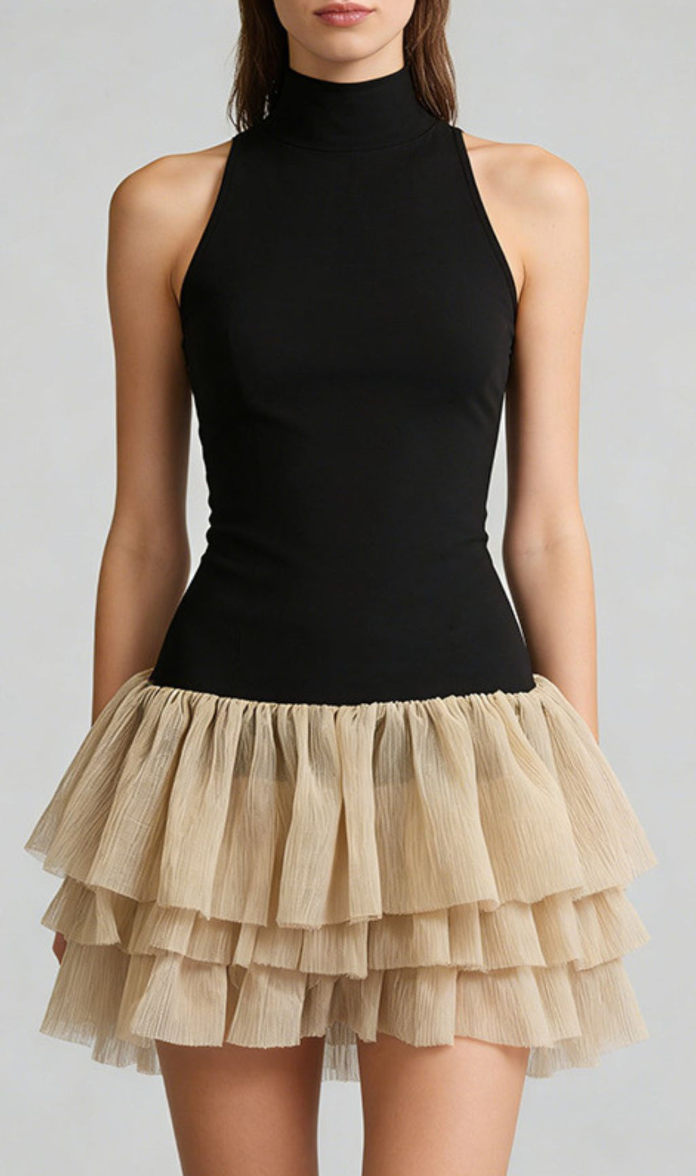 Jacarra Chic Black Halter Turtleneck Ruffle Tiered Mini Dress