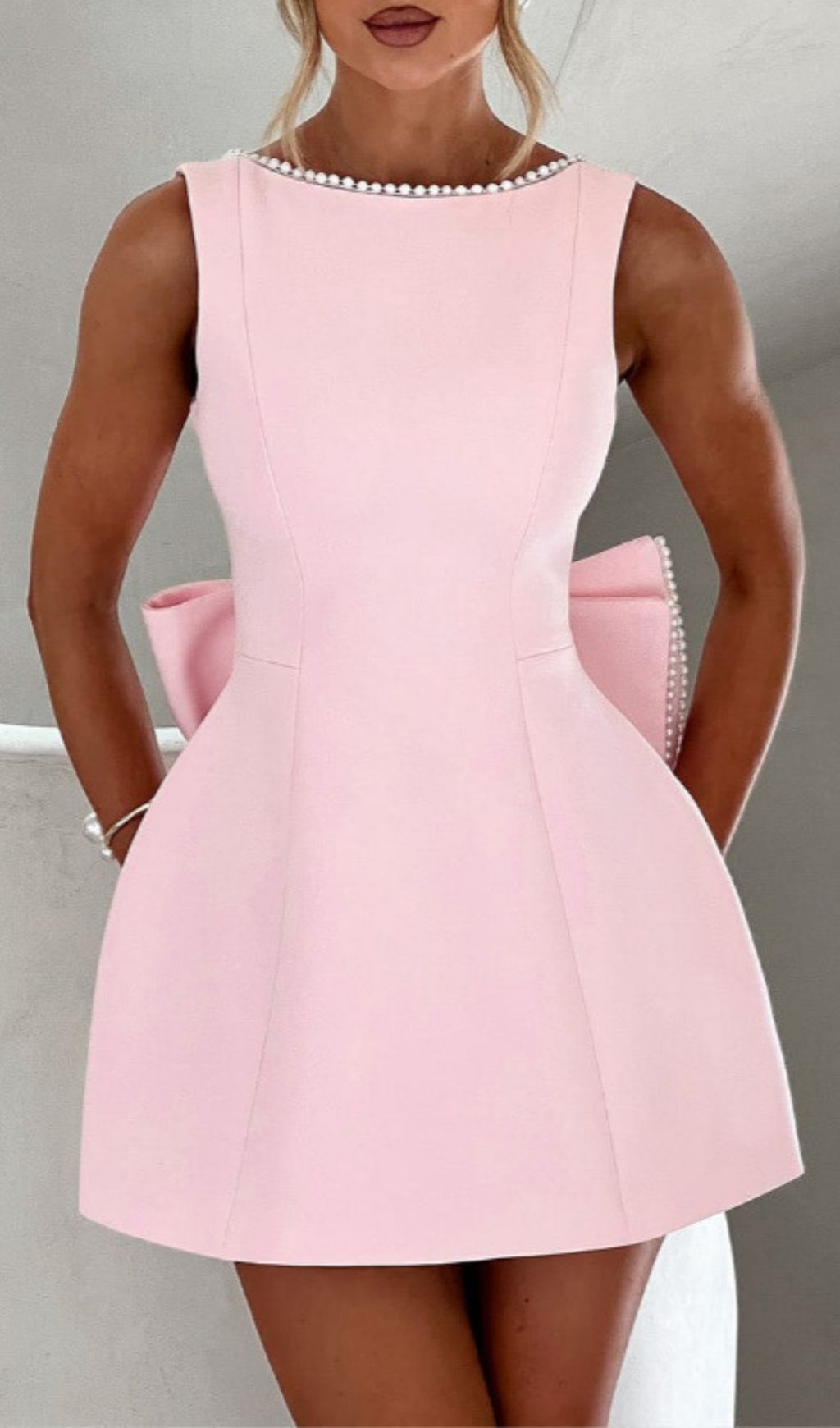 Glamorous Pink Backless Pearl Bow Satin Mini Dress