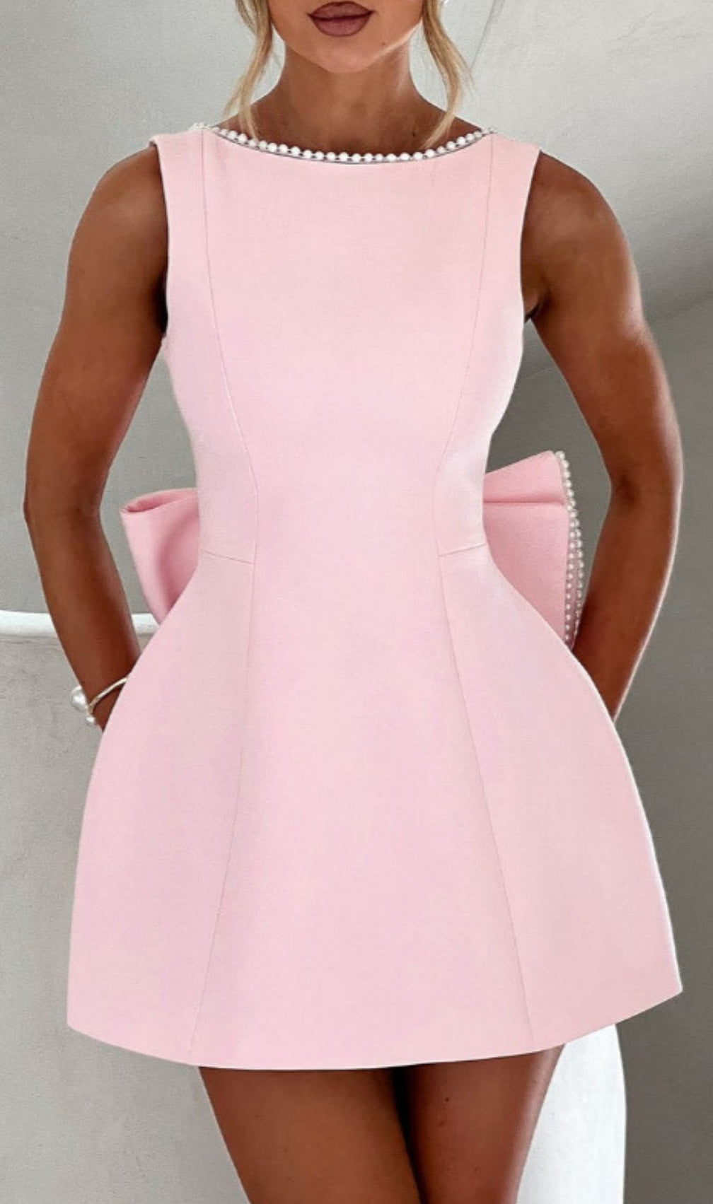Eimear Pink Pearl Bow Backless Mini Dress - Chic & Alluring