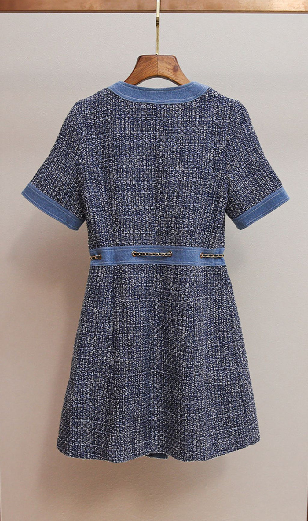 Chic Tweed & Denim Mini Dress with Gold Chain Accents | Hatsuye