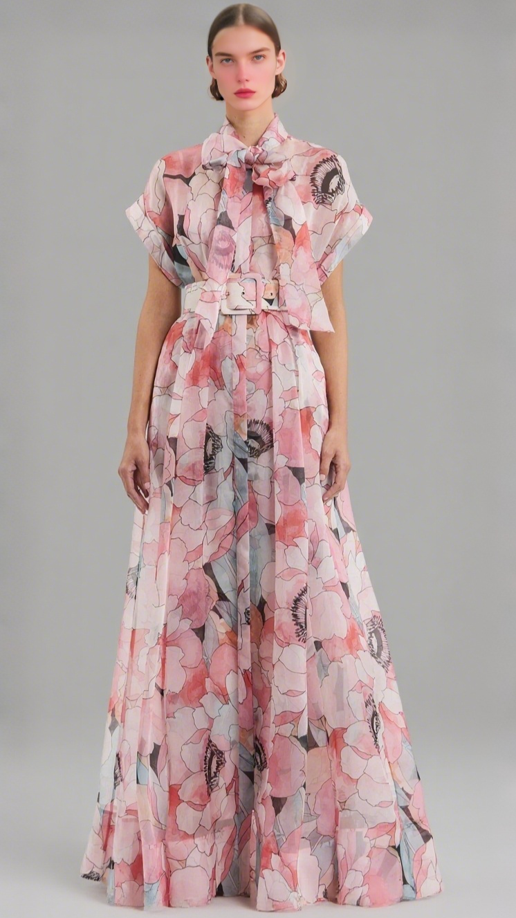 floral print silk organza maxi dress in pink-multi
