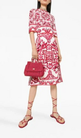 RED MAJOLICA PRINT CHARMEUSE MIDI DRESS