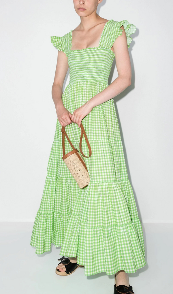 GREEN KENDAL GINGHAM PRINT COTTON MAXI DRESS