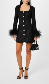 BLACK FEATHER-DETAILED BOUCLÉ MINI DRESS