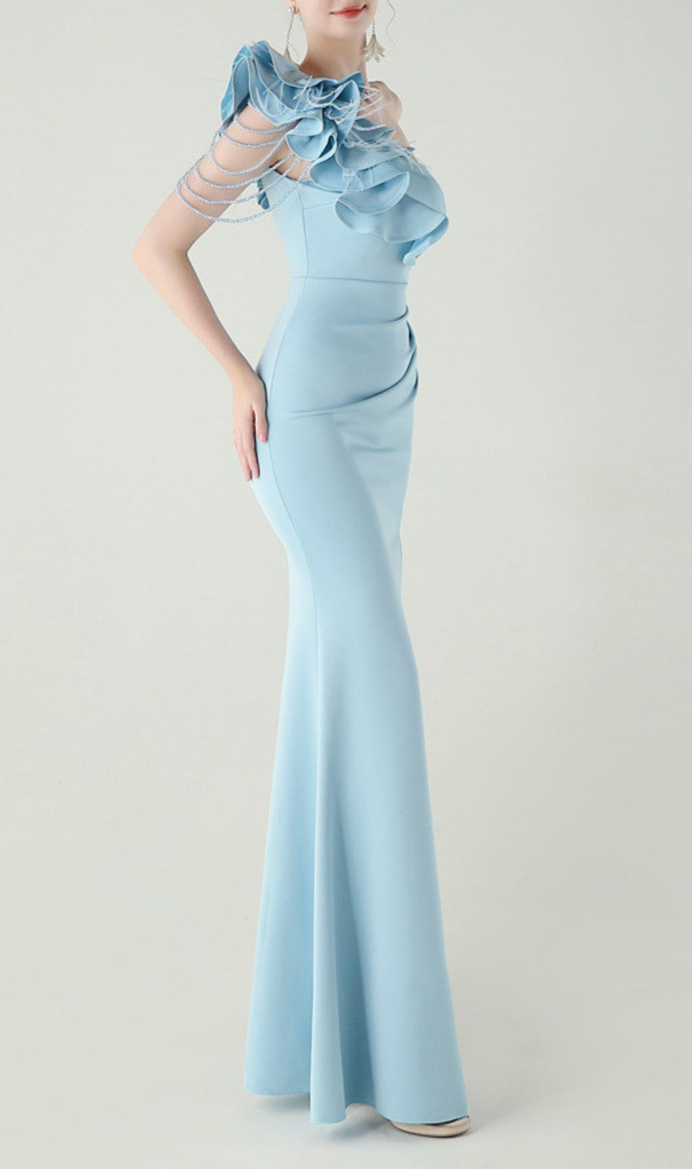 Ijlal Sky Blue One-Shoulder Ruffle Maxi Gown with Slit - Formal Evening Dress