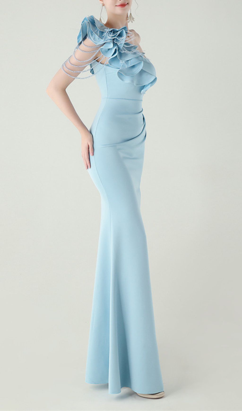 Ijlal Sky Blue One-Shoulder Ruffle Maxi Gown with Slit - Formal Evening Dress