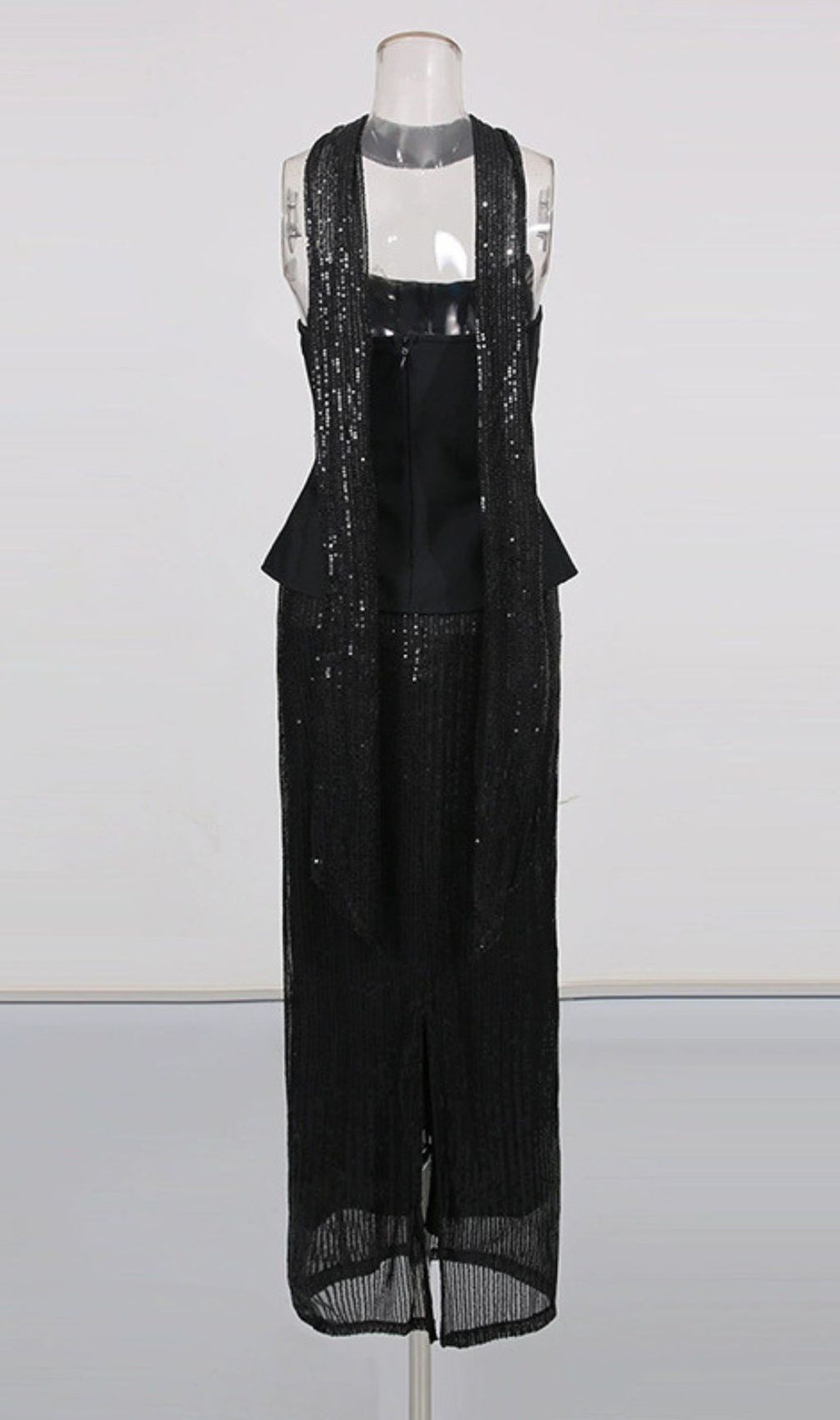 Isadora Black Sequin Glamour Two-Piece Set | Strapless Top & Maxi Skirt