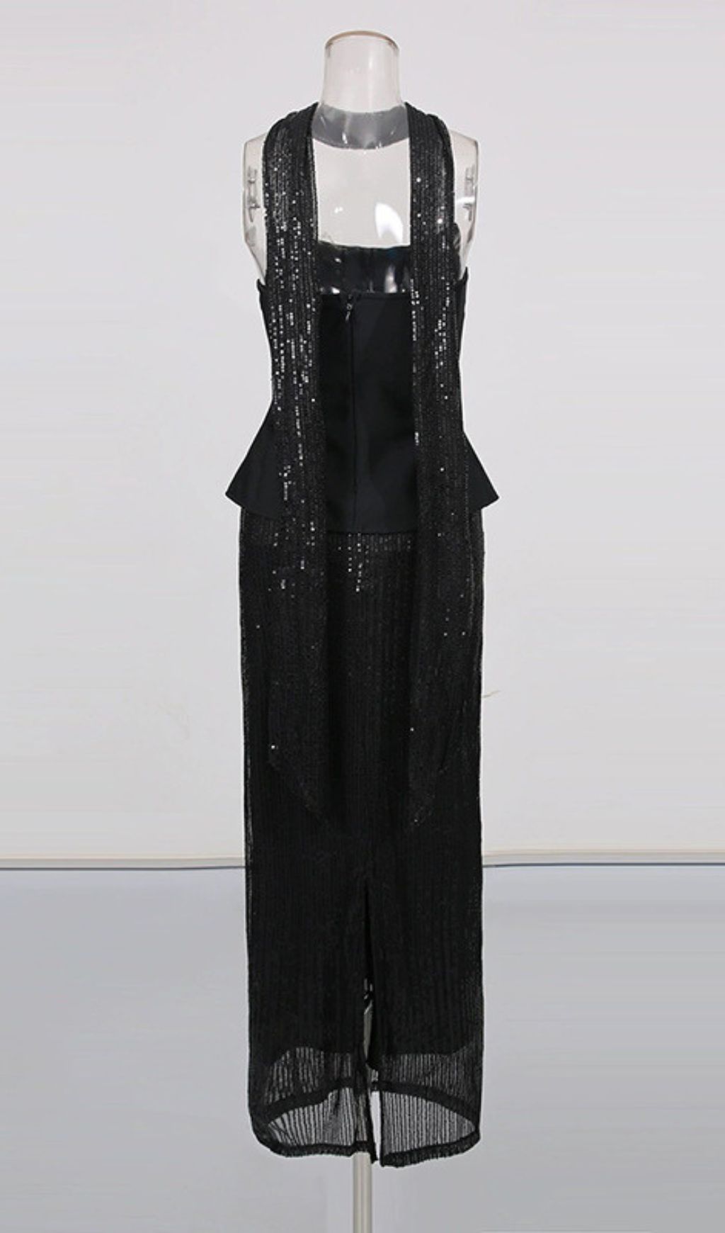 Isadora Black Sequin Glamour Two-Piece Set | Strapless Top & Maxi Skirt