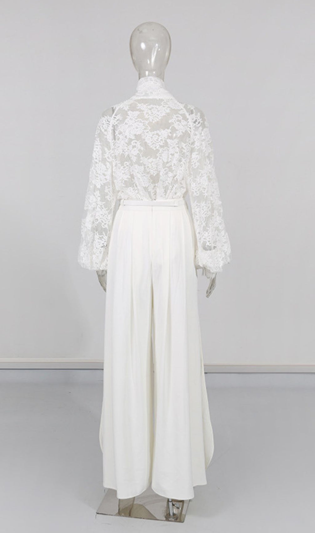 Husta White Lace Pussy-Bow Blouse & High-Slit Wide-Leg Pants Set
