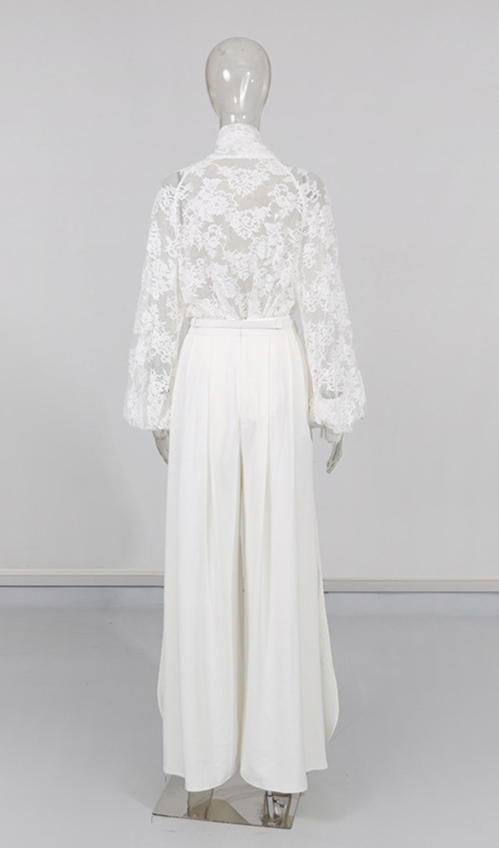 Husta White Lace Pussy-Bow Blouse & High-Slit Wide-Leg Pants Set