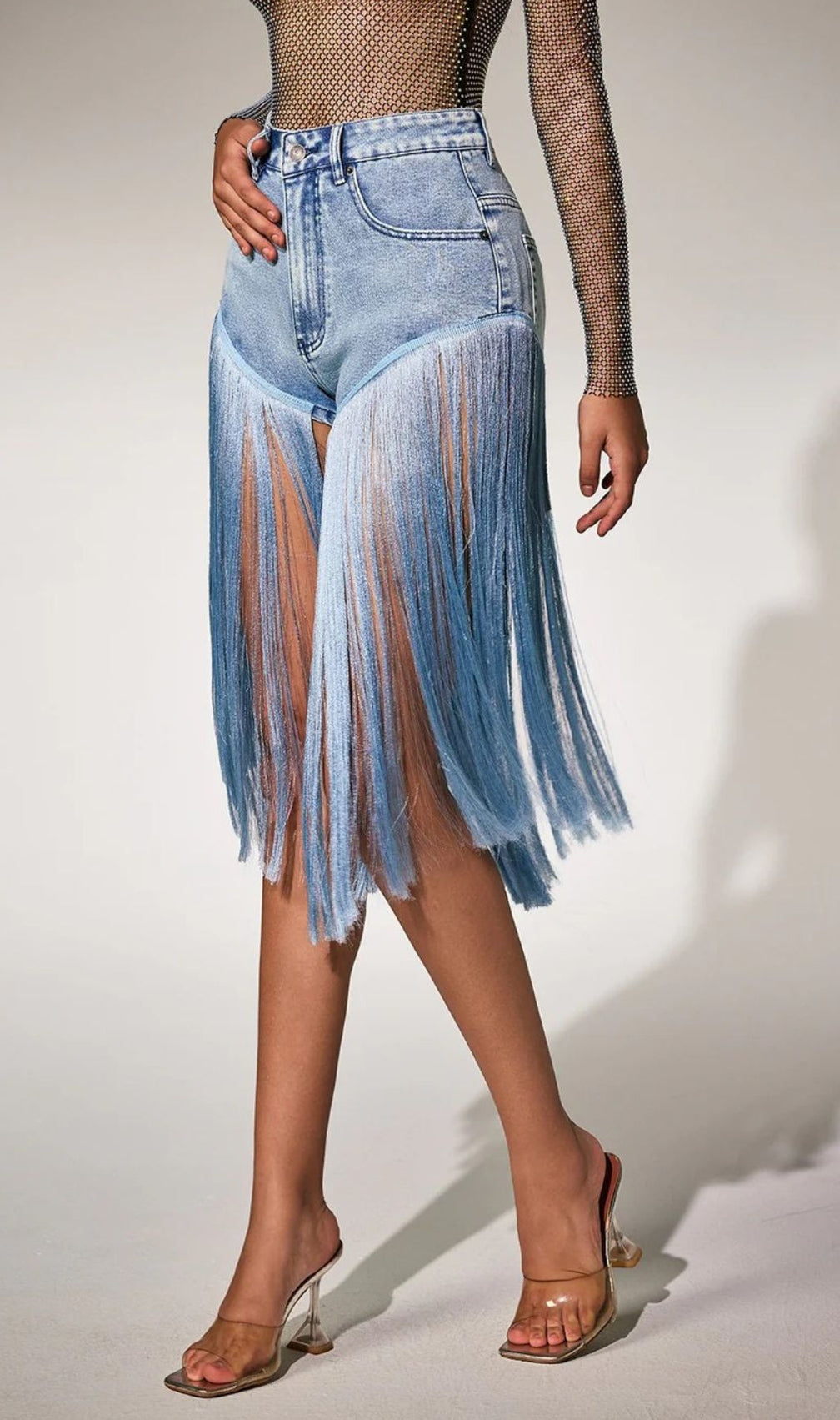 Parenth Head-Turning High-Waist Fringe Denim-Look Shorts
