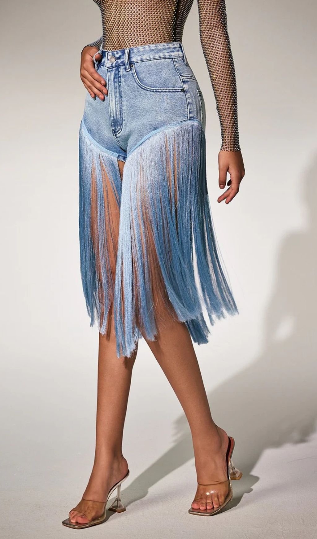 Parenth Head-Turning High-Waist Fringe Denim-Look Shorts