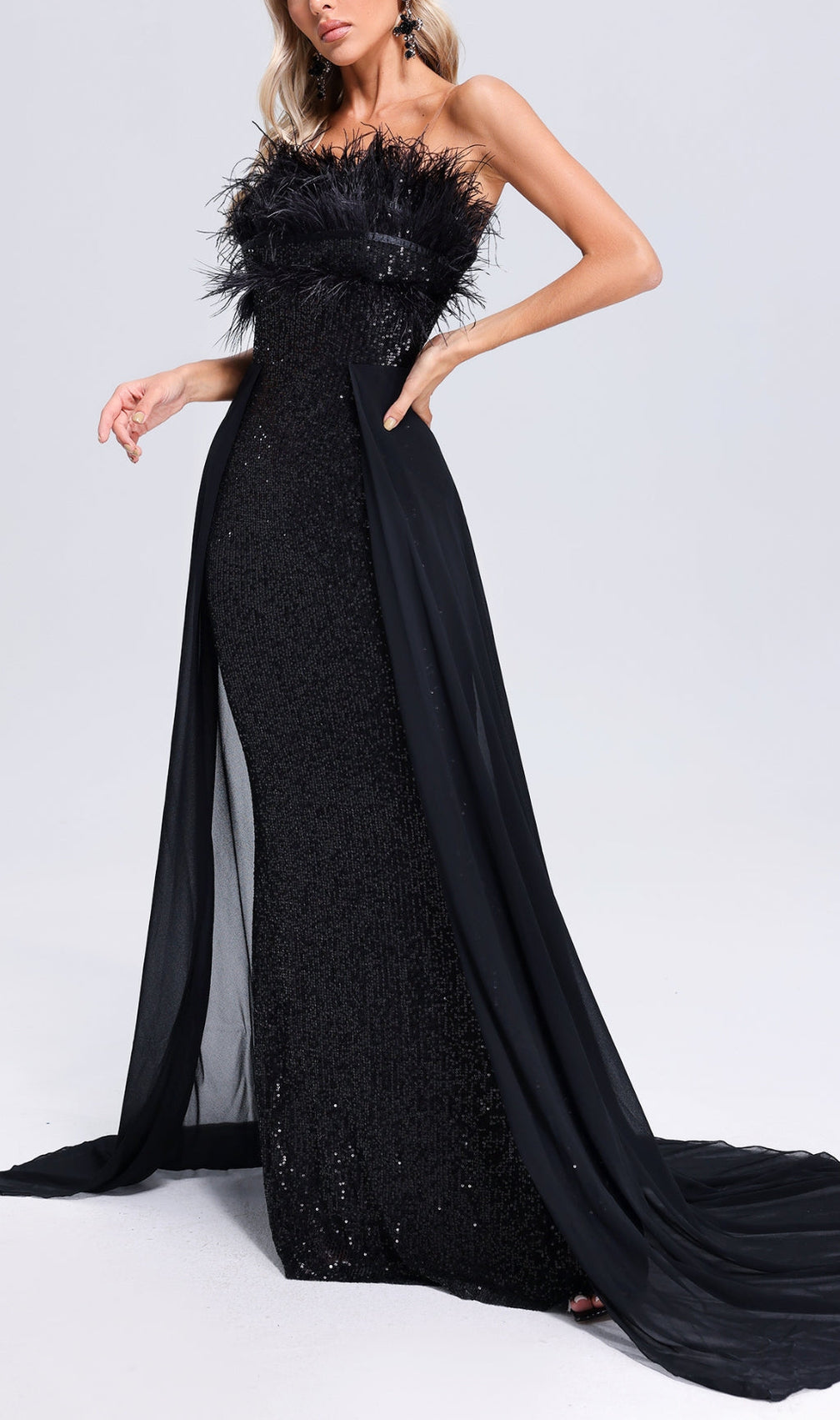 Adams Black Feather Sequin Maxi Dress