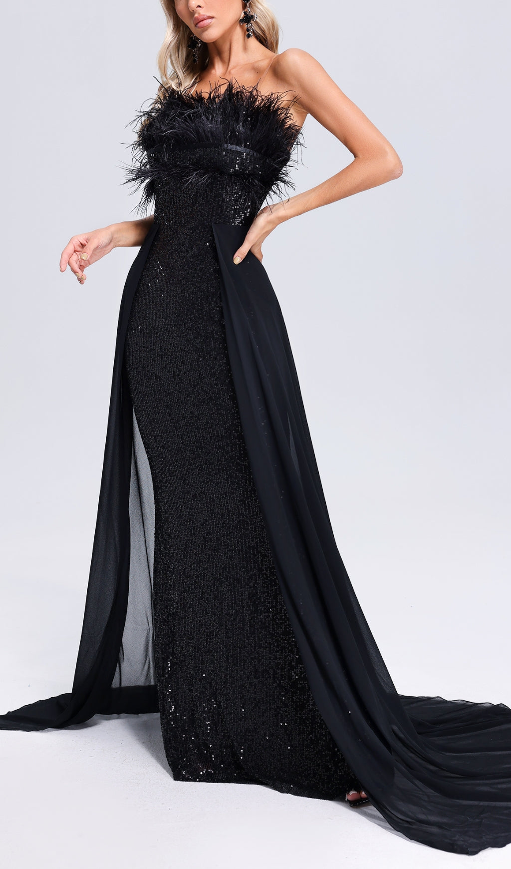 Adams Black Feather Sequin Maxi Dress