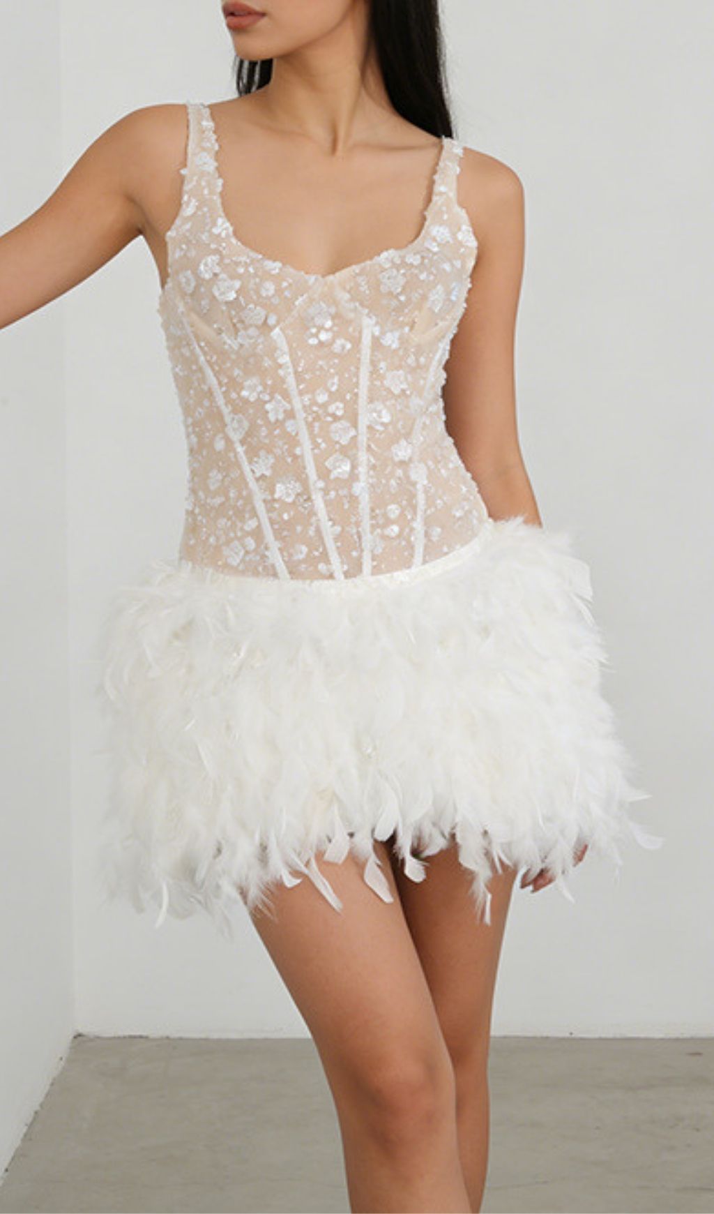 Kera Dazzling Floral Sequin Feather Mini Dress - Glamorous Party & Event Wear