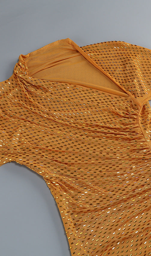 Kennedy Crystal Ruched Maxi Dress: Dazzling Wheat Gown for Unforgettable Evenings