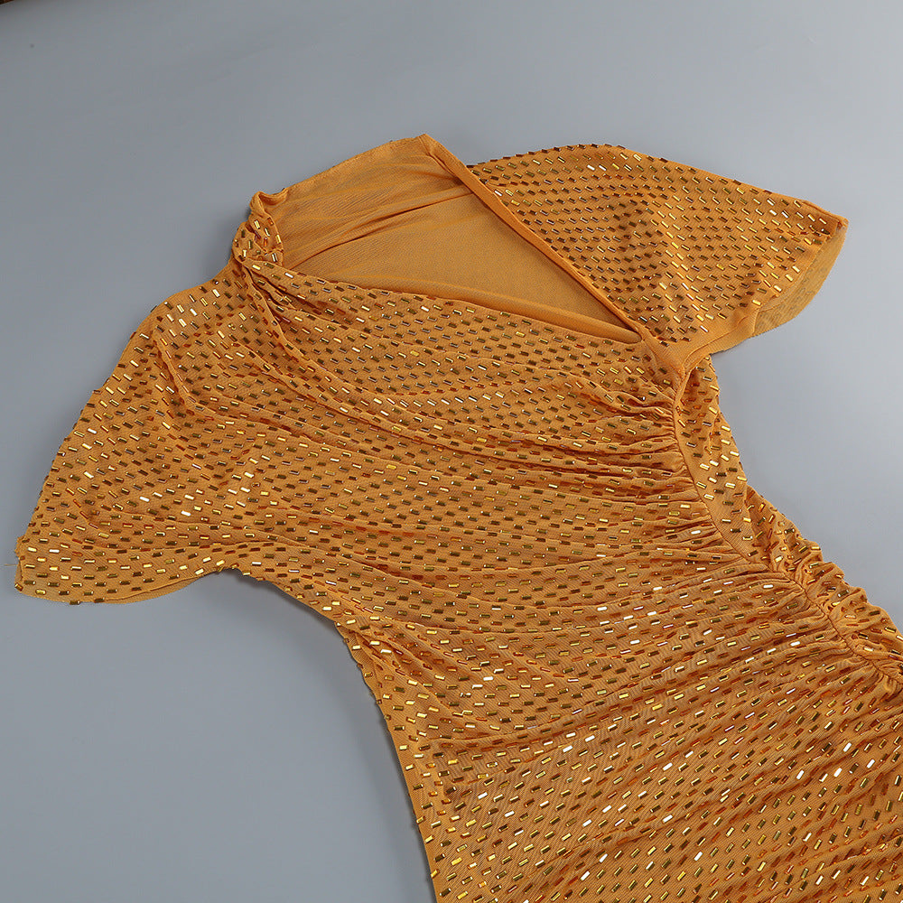 Kennedy Crystal Ruched Maxi Dress: Dazzling Wheat Gown for Unforgettable Evenings
