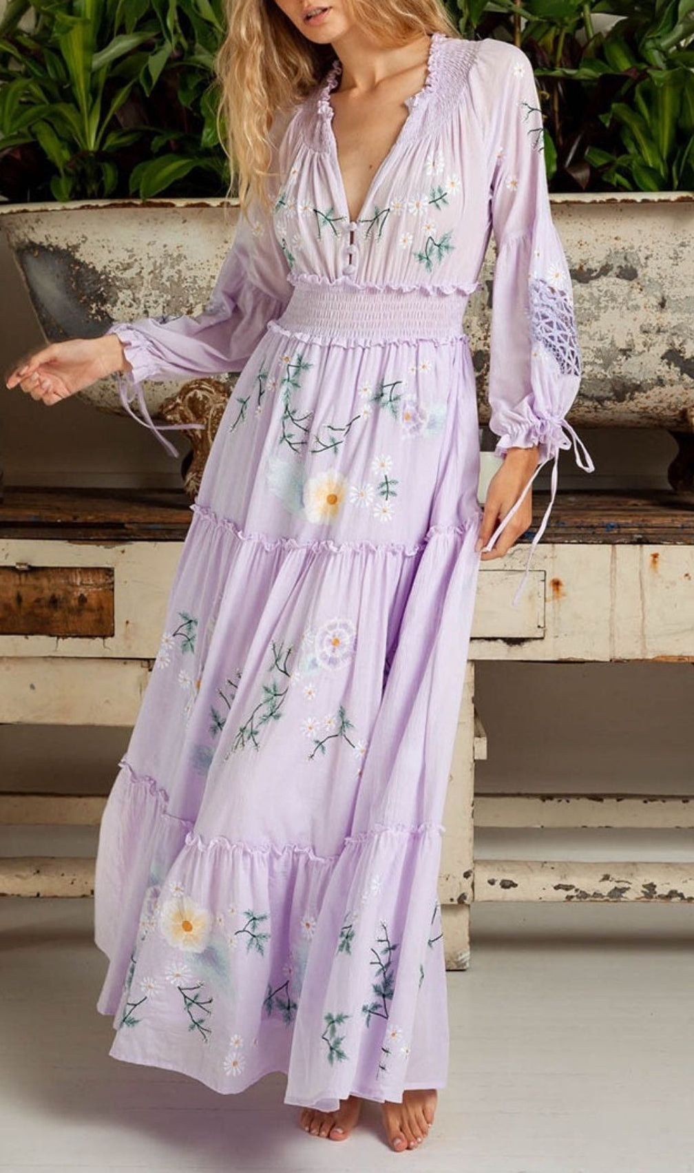 Kamalani Lavender Dreams Embroidered Maxi Dress | Bohemian Floral Tiered Gown