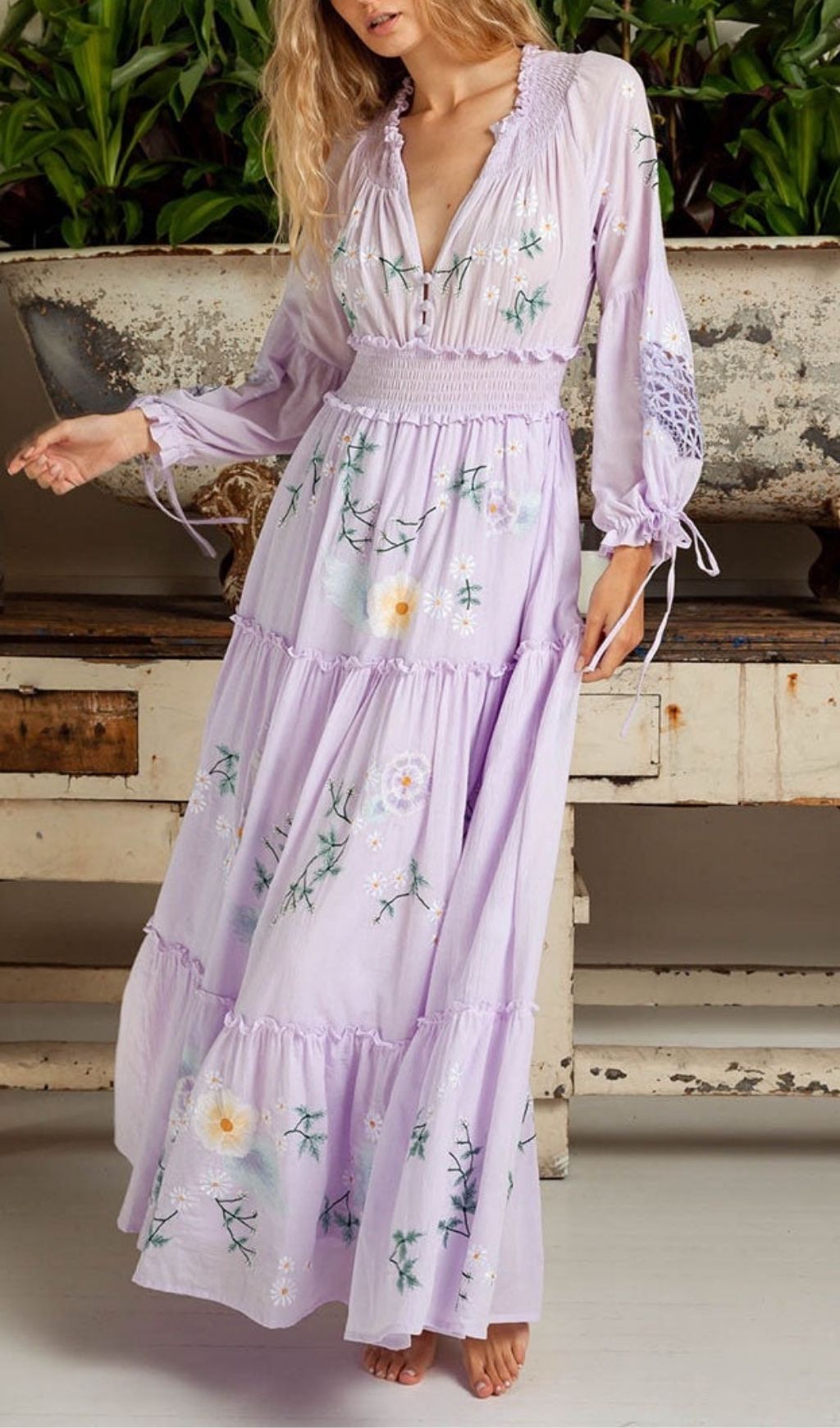 Kamalani Lavender Dreams Embroidered Maxi Dress | Bohemian Floral Tiered Gown