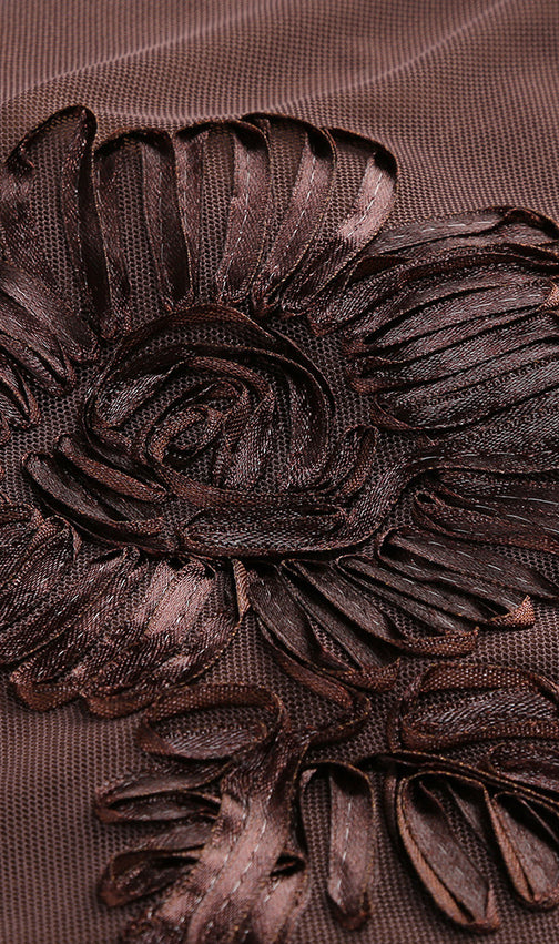 Jovan Coffee Flower Long Sleeve Mini Dress | Sheer Bell-Sleeve Floral Dress