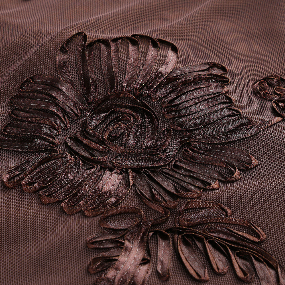 Jovan Coffee Flower Long Sleeve Mini Dress | Sheer Bell-Sleeve Floral Dress