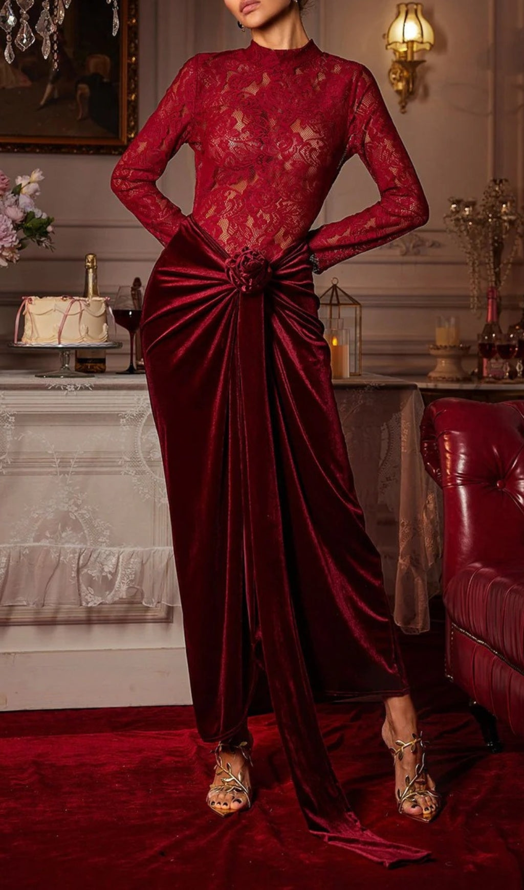 Eldrian Flower Ruched Split Lace Velvet Maxi Dress